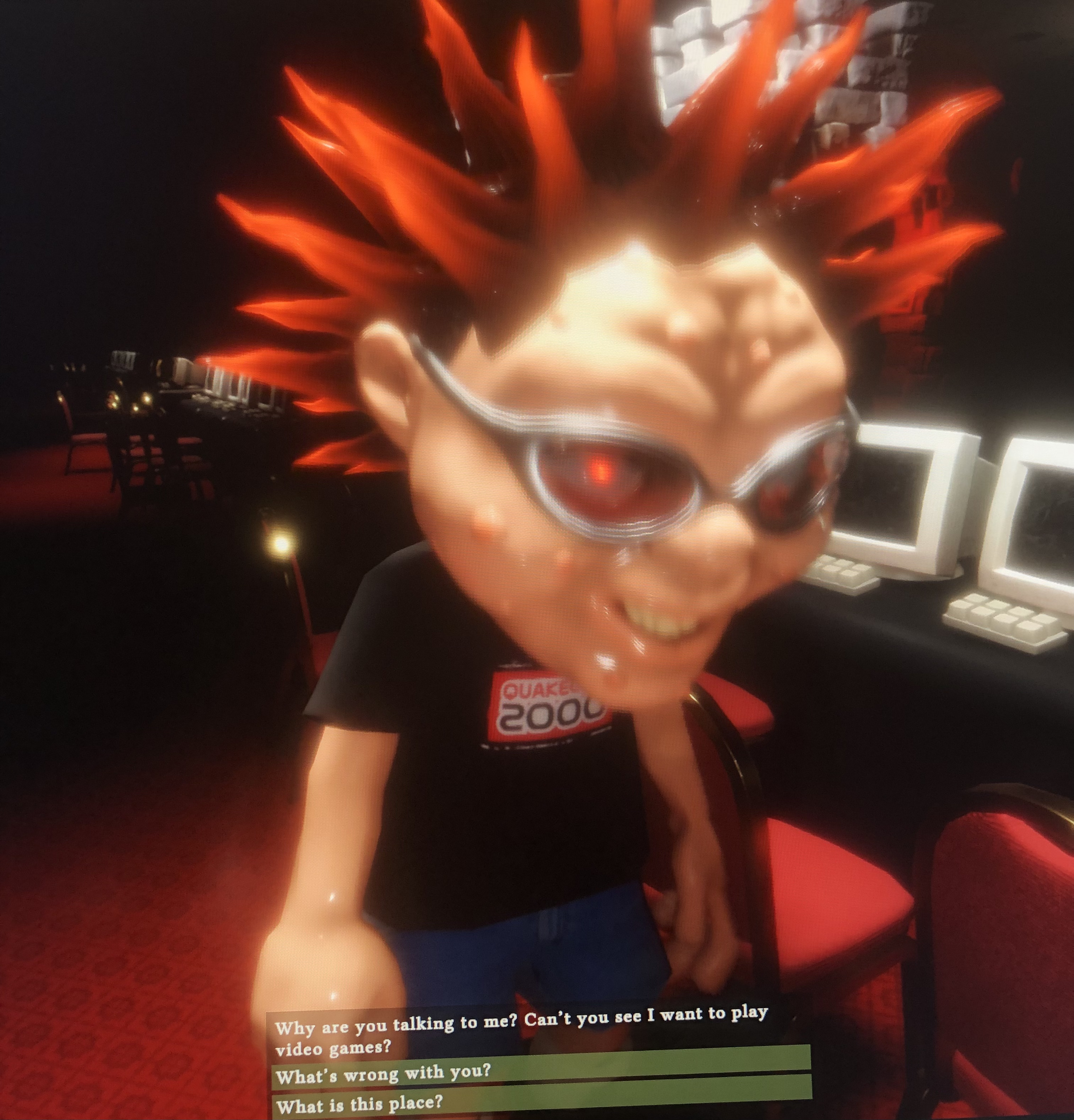 A lonely gamer character with spiky red hair